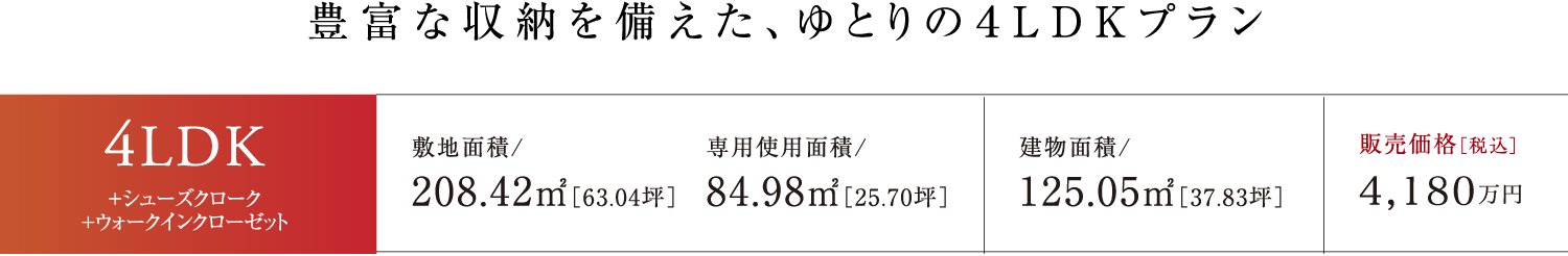 豊富な収納を備えた、ゆとりの４LDKプラン　4LDK ＋シューズクローク＋ウォークインクローゼット