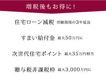 増税後もお得に！住宅ローン減税（控除期間の3年延長）　すまい給付金（最大50万円に）　次世代住宅ポイント（最大35万円相当）　贈与税非課税枠（最大3,000万円に）