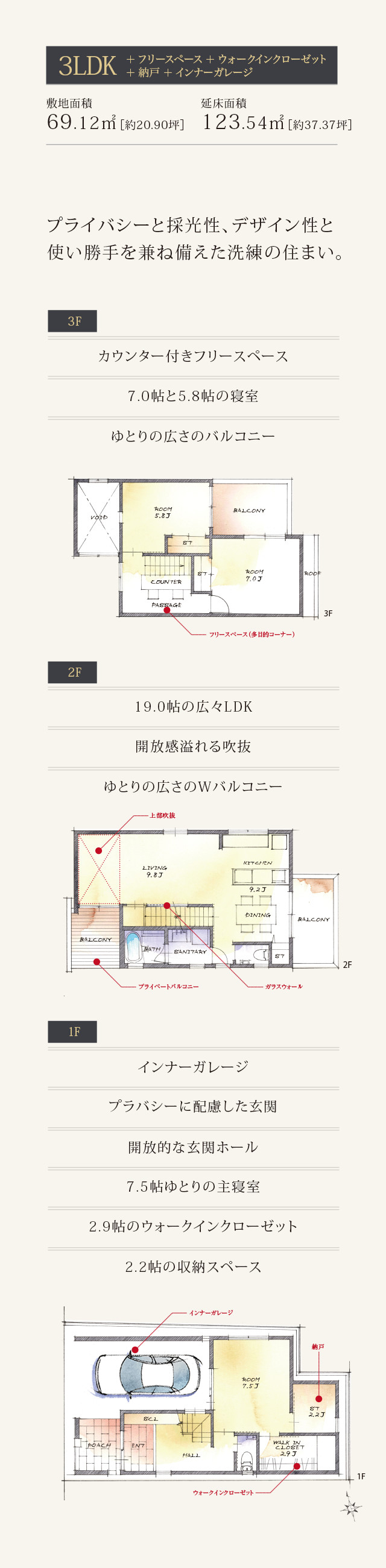 3LDK＋ フリースペース ＋ ウォークインクローゼット＋ 納戸 ＋ インナーガレージ　プライバシーと採光性、デザイン性と使い勝手を兼ね備えた洗練の住まい。