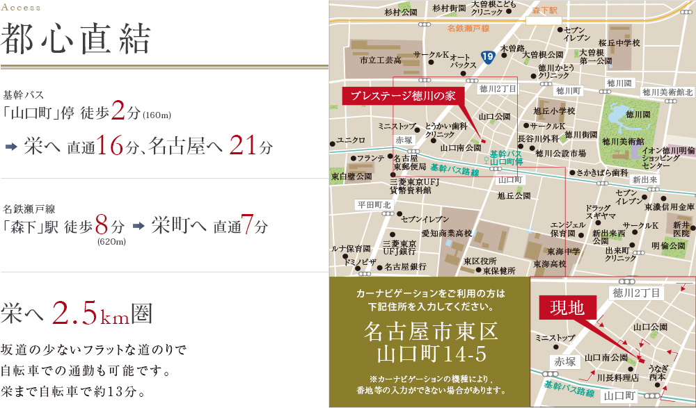 ACCESS　都心直結　基幹バス「山口町」停 徒歩2分(160m)→栄へ 直通16分、名古屋へ 21分　名鉄瀬戸線「森下」駅 徒歩8分（620ｍ）→栄町へ 直通7分　栄へ 2.5km圏　坂道の少ないフラットな道のりで自転車での通勤も可能です。栄まで自転車で約13分。